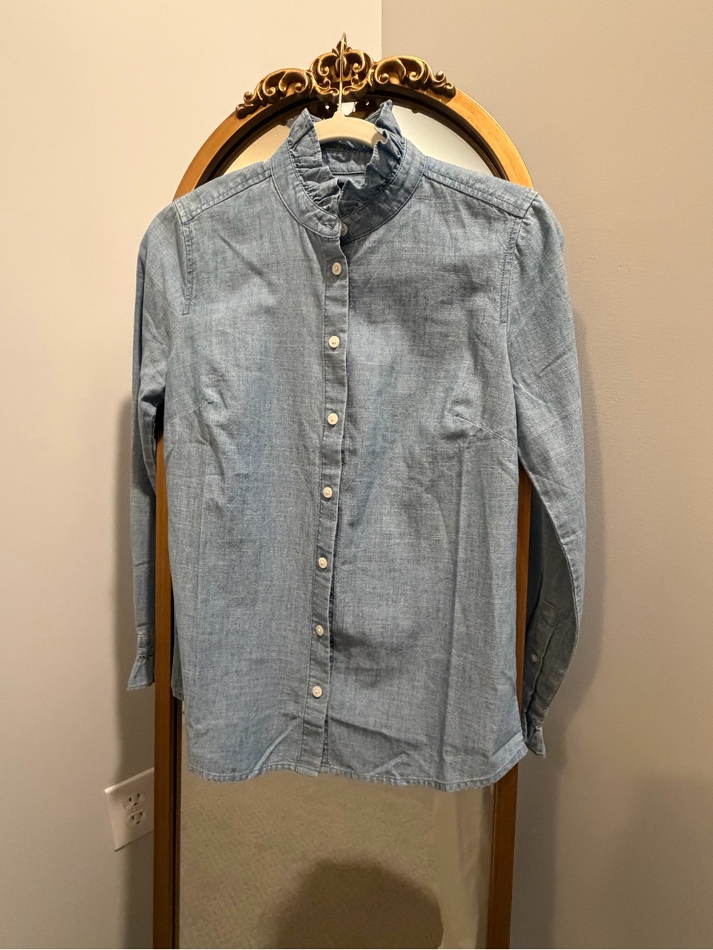J. Crew Light Blue Denim Ruffle Collar Button-Down Shirt